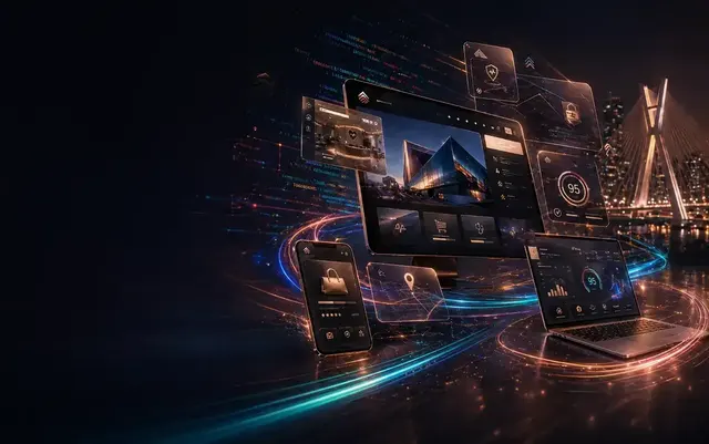 Cenário visual premium da Telúrica Digital com tecnologia aplicada, criação de sites, SEO e performance web